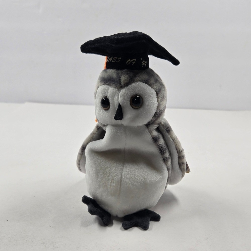 Ty Beanie Baby Wiser the Owl Graduation Class of 1999 Vintage Plush Grey White